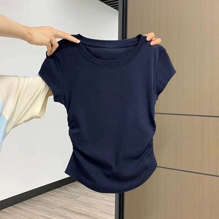 Women's Straight Shoulder Short Sleeve T-Shirt With Pleated Slim Fit Top