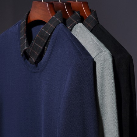 New Men's Long-Sleeved T-Shirt Slim Collar Solid Color Shirt